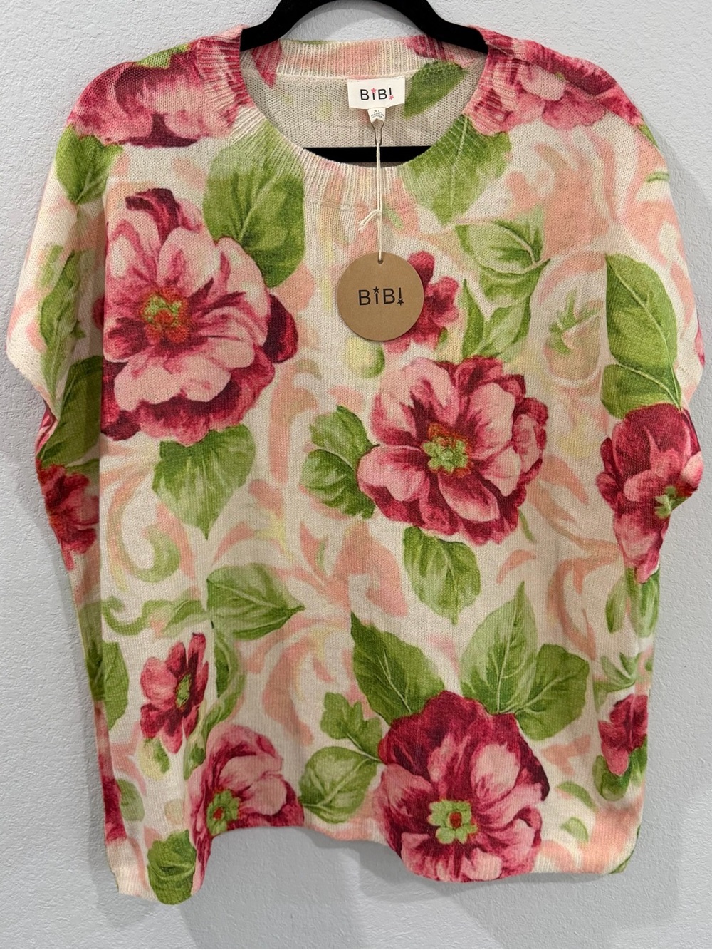 Bibi Floral Ivory Pink Burgundy Green Cap Sleeve Pullover Fall Top XL